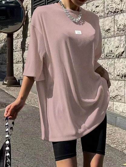 Oversized Drop Shoulder Ribbed T-Shirt, Casual Crew Neck Short Sleeve T-Shirt For Spring & Summer, Women's Clothing