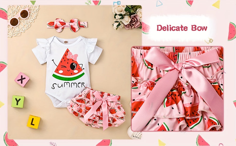 Conjunto de Roupa Infantil para Bebé Menina com Estampado de Abacate: Macacão, Calções e Fita para o Cabelo - 3 Peças - Ideal para o Verão e Atividades ao Ar Livre