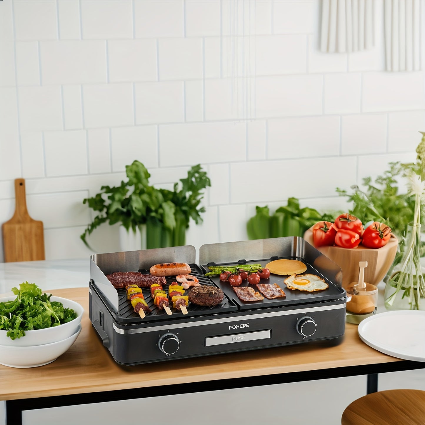 2400W Electric Indoor Grill Griddle with Large 25x30cm Nonstick Plates, 2-Zone Adjustable Temperature Control, Pancake & Egg Maker, Drip Tray & Indicator Light - Stainless Steel Portable Flat Top Grill for Kitchen, Camping, R