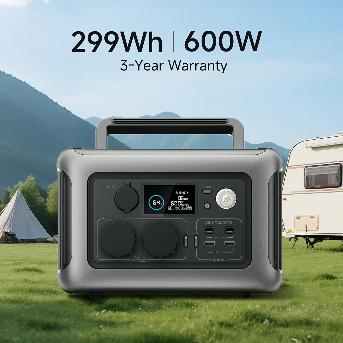 Estação de energia portátil ALLPOWERS R600 299Wh com bateria LiFePO4, saída CA, gerador solar de 600 W, carregamento rápido de 0 a 100% em 1 hora para campismo, autocaravana, emergências, RV, gerador portátil para campismo, bateria solar, G