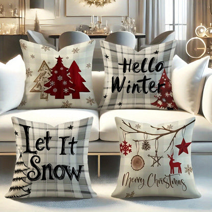 4pcs Christmas Themed Pillow Covers with Winter Elements like Christmas Trees, Snowflakes, and Reindeer - Festive Holiday Decorative Cushion Covers for Home, Car, Bed, Sofa, Office - Zipper Closure, Machine Washable, Polyeste