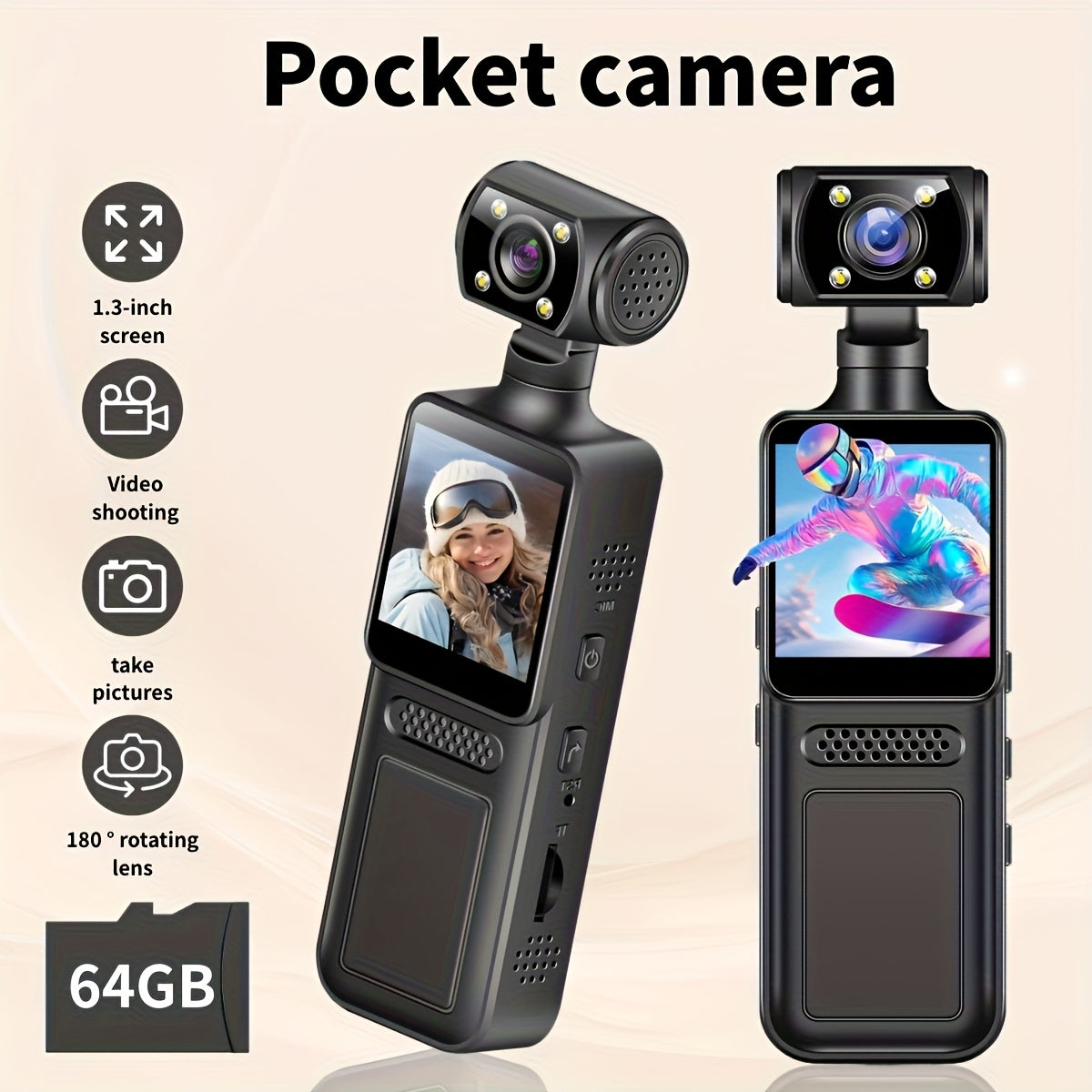 Handheld Stabilizer Pocket Sports Camera with Rotating Lens, Touch Video Recording, 180° Rotatable HD Camcorder for Action Vlogging on Skiing & Cycling, 1.3-inch Screen Portable Rechargeable Outdoor Adventure Handycam