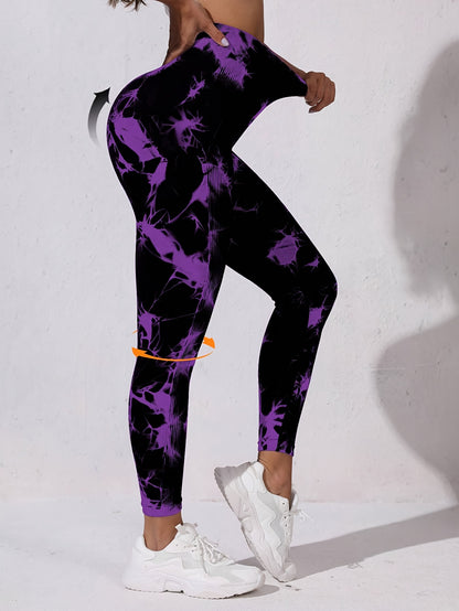 Sport Studio Women's High-Waisted Seamless Athletic Leggings - Tummy Control Butt-Lifting Workout Pants with Purple Splash Print, 4-Way Stretch Gym Running Yoga Pants, Machine Washable Non-See-Through Full Coverage Sportswear