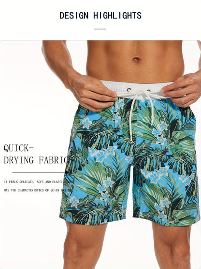 Men's Quick-Dry Beach Shorts with Tropical Palm Tree & Palm Leaf Print - Breathable Stretch Fabric for Summer, Outdoor, Hiking, Swimming - Machine Washable Casual Athletic Shorts, Outdoor Activewear, Summer Shorts