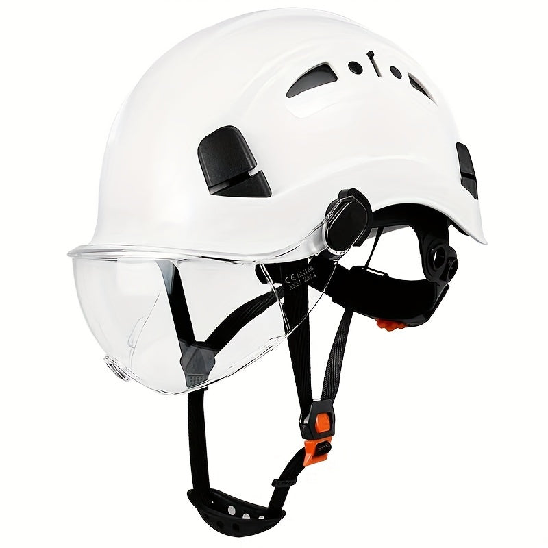 Capacete de segurança ajustável com viseira integrada - Plástico ABS durável, design ergonómico para utilização na construção civil e indústria, branco, equipamento de segurança para a construção, acabamento brilhante elegante, tiras de ajuste seguro.