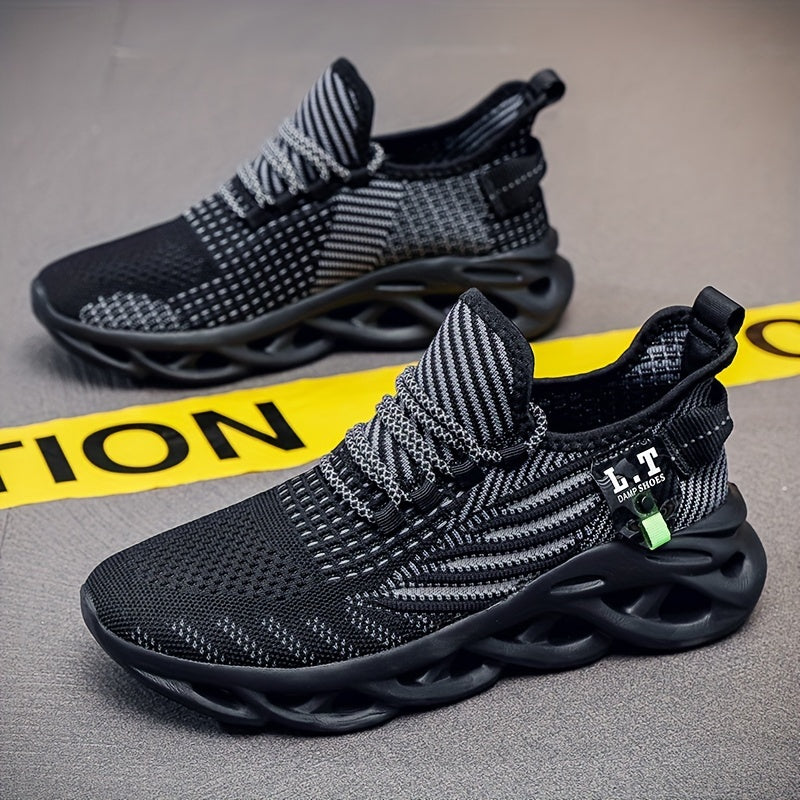 Men's Breathable Slip- Sneakers - Arch & Cushioned Sole, Black/Gray/White Sneakers with Arch, Lace-Up Closure & Traction Tread for Gym, Jogging, Casual Wear - All-Season Comfortable Walking Shoes with Geometric/Striped Design