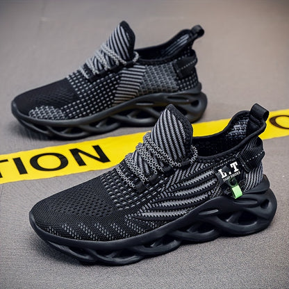 Men's Breathable Slip- Sneakers - Arch & Cushioned Sole, Black/Gray/White Sneakers with Arch, Lace-Up Closure & Traction Tread for Gym, Jogging, Casual Wear - All-Season Comfortable Walking Shoes with Geometric/Striped Design