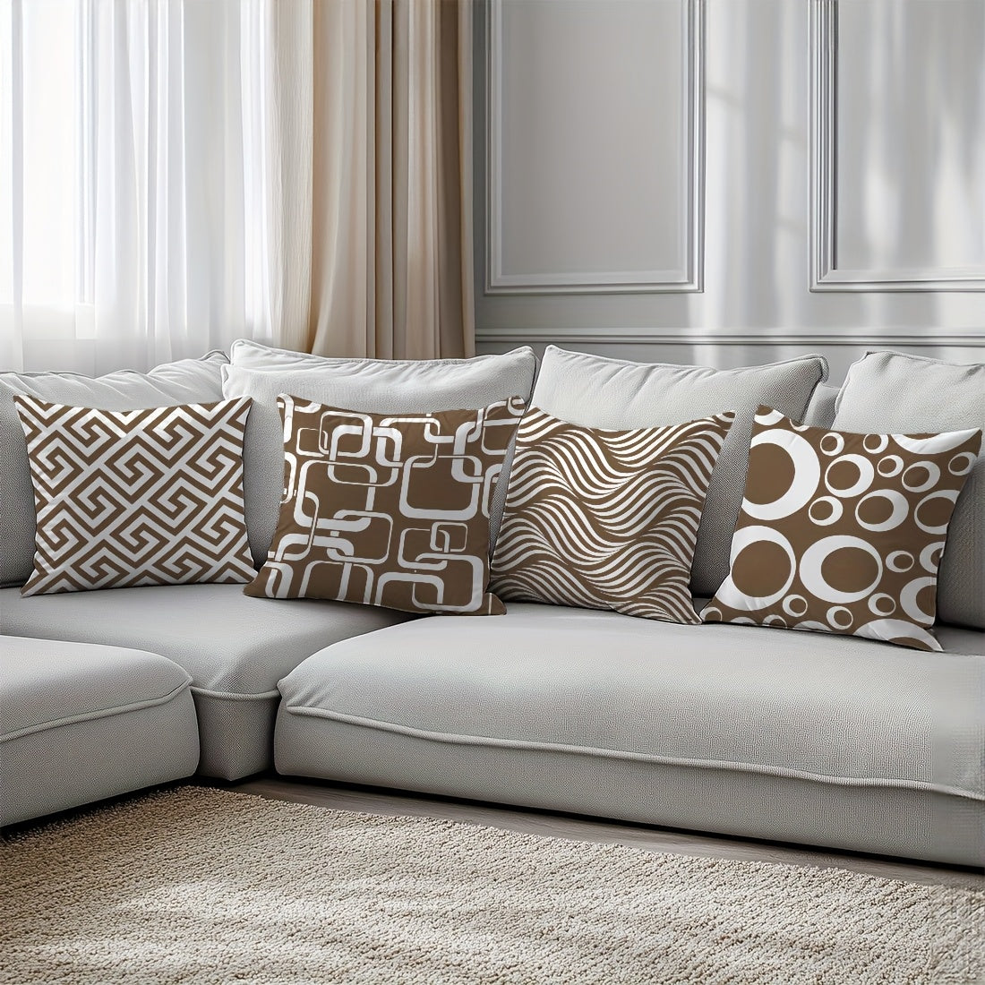 Conjunto de 6 fronhas com estampado geométrico de folhas verdes, impressão num dos lados, com 44,96 x 44,96 cm. Ideais para decoração de sala de estar, sofá e quarto. Não inclui enchimento.