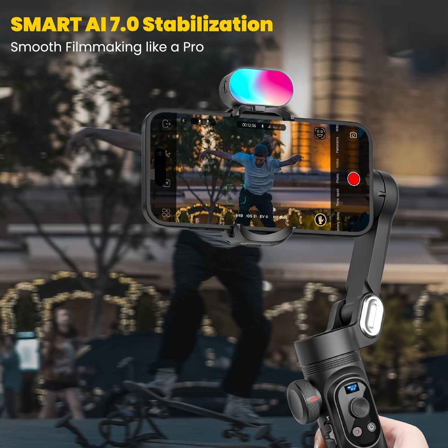 AOCHUAN SmartX Pro Combo 1 - Wireless Phone Gimbal Stabilizer with RGB Light, Extended Rod, and Carrying Case for YouTube & TikTok Video Creation (15 Pro Max Compatible), YouTube Video Stabilizer | Modern Gimbal Design | Comp