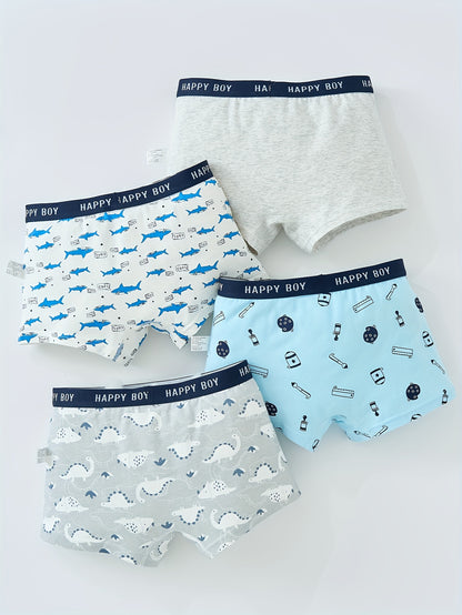 Conjunto de 4 Cuecas Boxer Infantis de Algodão Macias e Respiráveis ​​​​com Estampado Desenho Animado - Confortáveis ​​​​e Fáceis