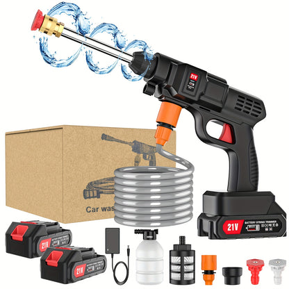 Cordless High Pressure Cleaning Gun Self-priming Continuous Spray Foam Water Gun, 5m Hose & 2 Rechargeable Lithium Battery, 3in 1 Nozzle, Electric Portable Washer Machine, Suitable for Washing Cars, Clean The Garden & Floor A