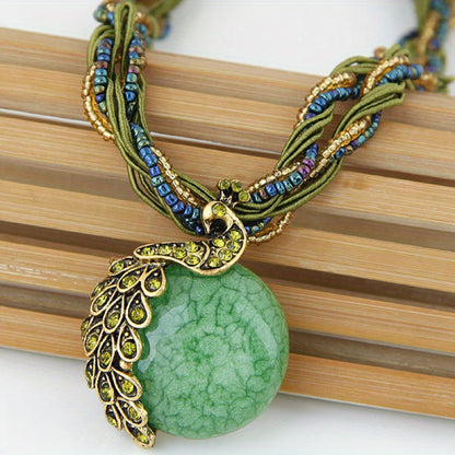 A Vintage Peacock Gemstone Necklace with a Bohemian Style, Made by Hand, Suitable for Women, Perfect for Sweaters.