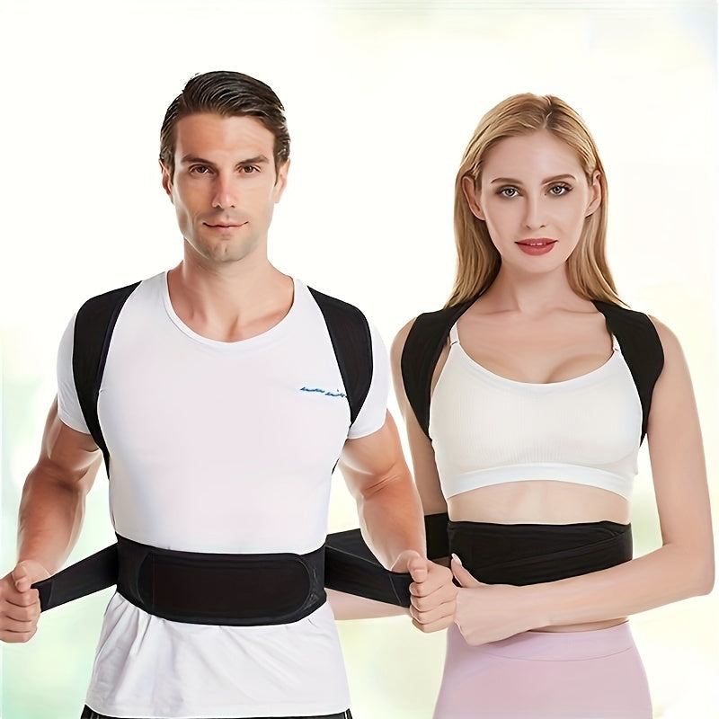 Black Adult Back Support Belt | Adjustable Upper-Back Posture Corrector with Shoulder Straps and Lumbar Pad, Invisible Spine Brace for & – Ergonomic Design