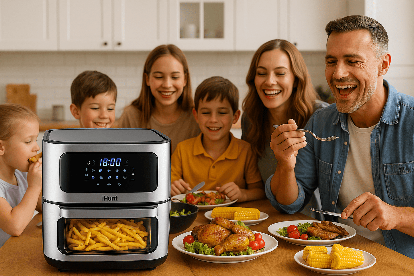 Hot Air Fryer with Rotisserie Without Oil Ihunt Bro Air Fryer 12L Rotary XL, 1800W, 360-Degree Air Circulation, Premium Inox Body, 10 Cooking Functions, Adjustable Temperature, Defrosting, Double Compartment with 3 Cooking Zo