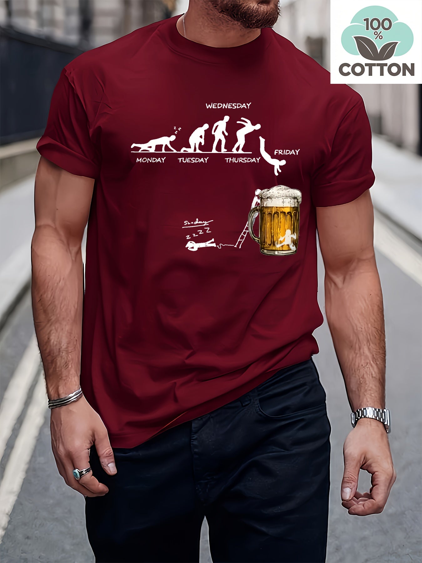 Men'S 100% Cotton Graphic T-Shirt - "Wednesday" Beer Mug Design, Casual Crew Neck, Short Sleeve, Regular Fit, 210g/㎡, Perfect for Barbecues & Parties, Party Tshirt | Playful Design | Durable Fabri