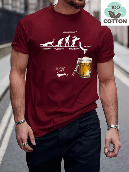 Men'S 100% Cotton Graphic T-Shirt - "Wednesday" Beer Mug Design, Casual Crew Neck, Short Sleeve, Regular Fit, 210g/㎡, Perfect for Barbecues & Parties, Party Tshirt | Playful Design | Durable Fabri