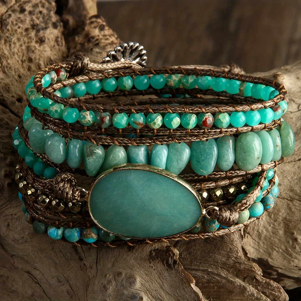 Bohemian Style Handmade Beaded Bracelet, Natural Stone Glass Wax Rope 5-Strand Wrap Bracelet for Women