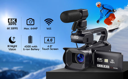 YISENCE 6K Camcorder Video Camera 64MP 18X Digital Zoom IR Night Vision Vlogging Camera for YouTube 10.16cm Touch Screen Digital Camera with WiFi, Microphone, Remote Control, Charger, Stabilizer and 64G SD Card
