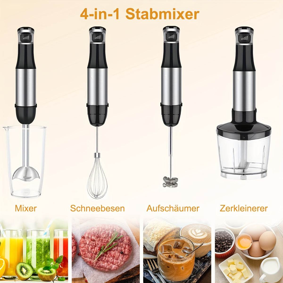 Liquidificador de Imersão Portátil 6 em 1 - Liquidificador em Aço Inoxidável com 5 Velocidades, Processador, Batedor e Espumador de Leite para Carnes, Puré de Batata e Papinhas de Bebé