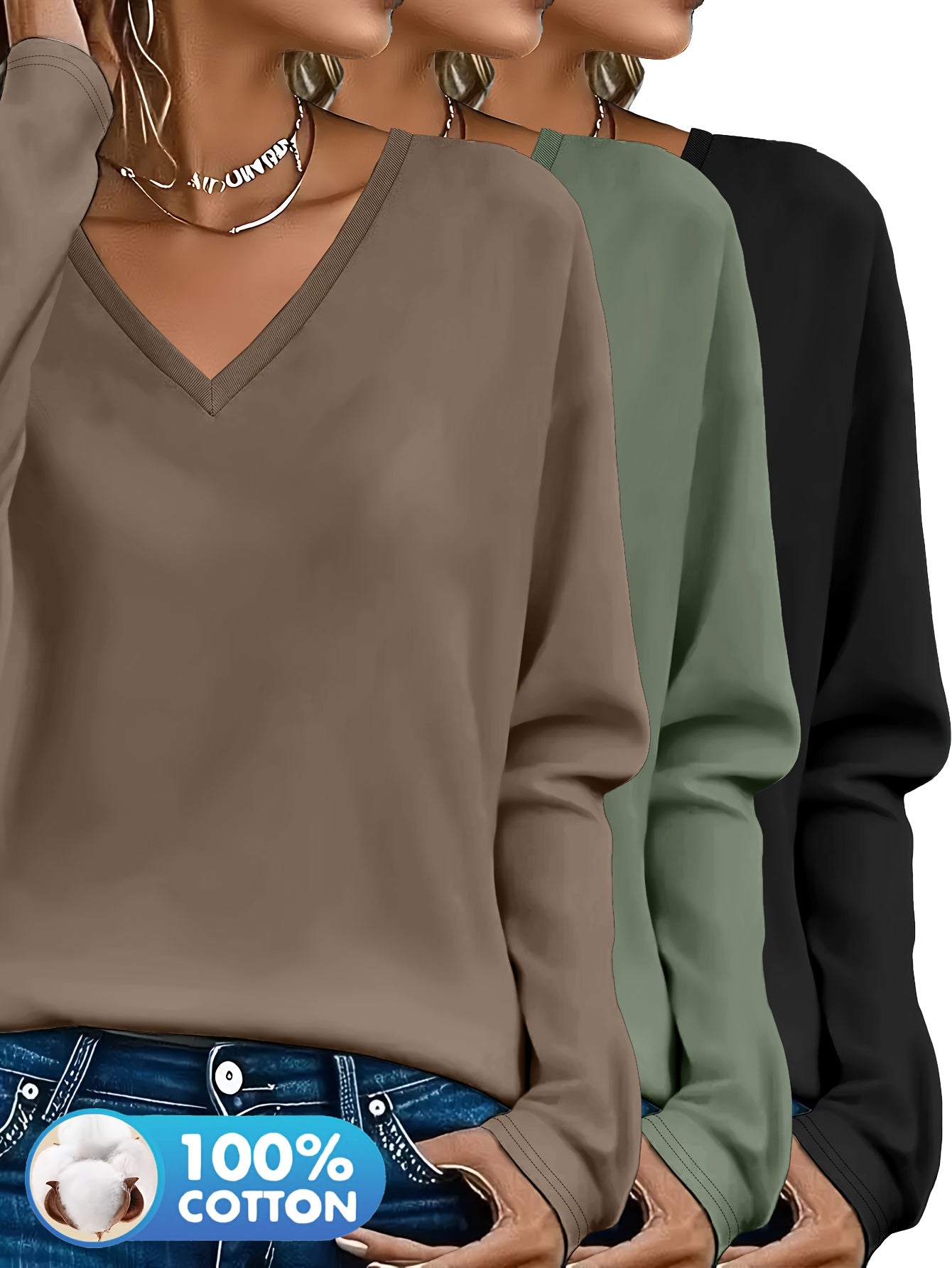 3pcs Women'S 100% V-Neck Long Sleeve T-Shirts - Soft, Durable, and Comfortable Casual Wear for All Seasons, Perfect for Holidays, Graduations, and Everyday Style, Everyday Comfort Wear | Minimalist Style | Soft Fabric Tee