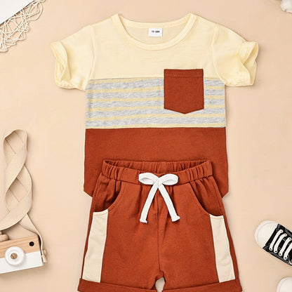 2pcs Baby Boys Summer Outfit Set - Cotton & Polyester Crew Neck T-Shirt with Stripes & Patch Detail, Short Sleeve, Drop Shoulder, Knit Fabric, with Matching Shorts with Belt & Fake Drawstring - Regular Fit, for Outdoor
