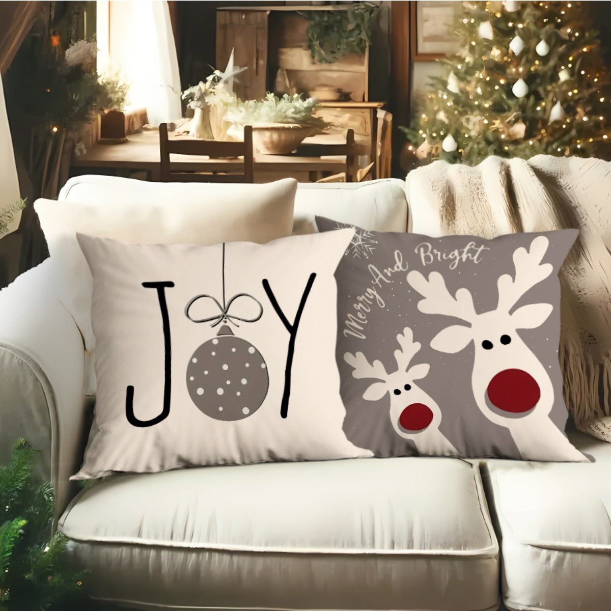 4pcs single-sided printed Christmas short plush pillowcasesChristmas Decorative Pillows for Living Room, Festive Winter Throw Cushions in Soft Fabric, Beige and Gray with Joy, Snowman, Reindeer Designs, Durable and Lightweigh