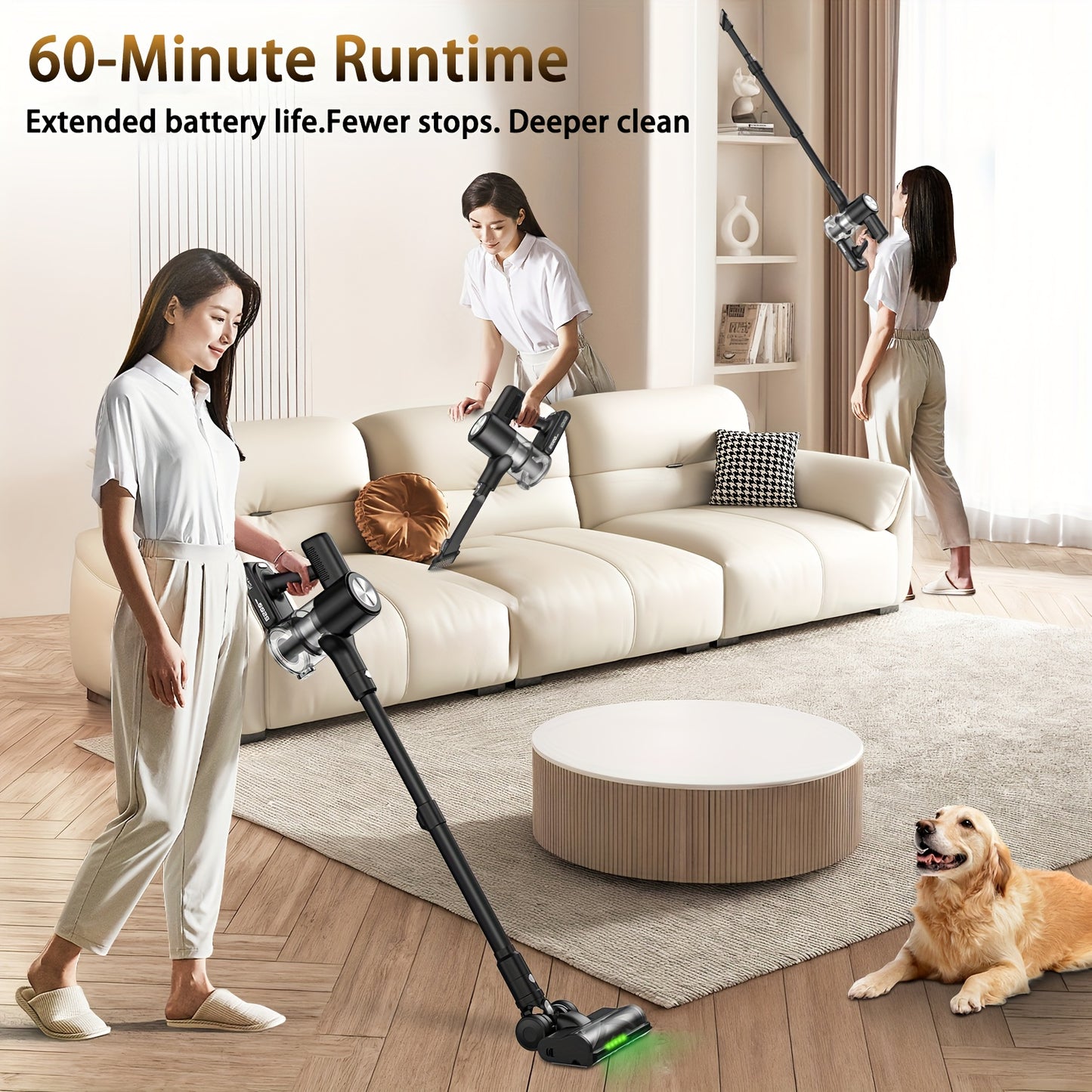 Cordless Vacuum Cleaner, 45KPA Self-Standing Vacuum Cleaner for Home, Stick Vacuum with 60 Mins Runtime, Wall Mount Charging, LED Display, Upgraded Green Light & Anti-Tangle Floor Brush for Pet Hair, Carpet & Hard Floors