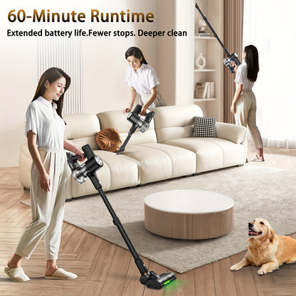 Cordless Vacuum Cleaner, 45KPA Self-Standing Vacuum Cleaner for Home, Stick Vacuum with 60 Mins Runtime, Wall Mount Charging, LED Display, Upgraded Green Light & Anti-Tangle Floor Brush for Pet Hair, Carpet & Hard Floors