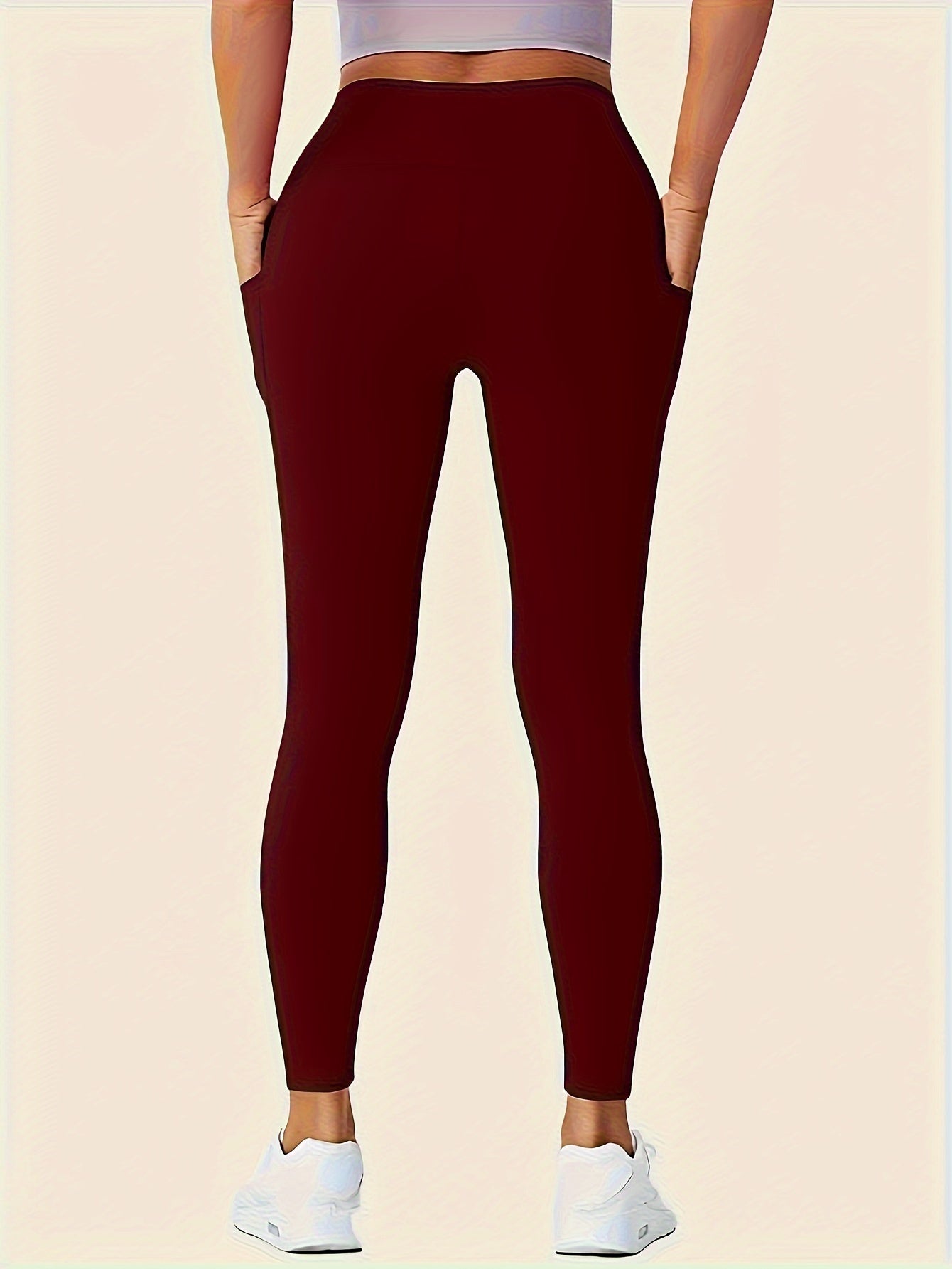 Women'S High-Waisted Shaping Leggings with Double Pockets - Butt-Lifting Design, Maroon Solid Color, Comfortable Stretch Fabric for, & Casual Wear, Leggings, Apparel, Sleek Look, Durable