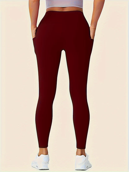 Women'S High-Waisted Shaping Leggings with Double Pockets - Butt-Lifting Design, Maroon Solid Color, Comfortable Stretch Fabric for, & Casual Wear, Leggings, Apparel, Sleek Look, Durable