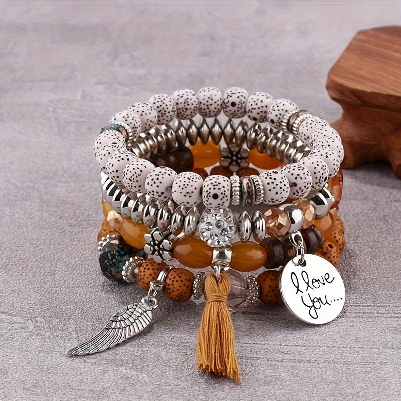 4pcs Bohemian Ethnic Style Winged Tassel Beaded Bracelets, Women's Fashion Jewelry, Versatile for Casual Attire and Perfect Holiday Gift for Girlfriend or Wife!