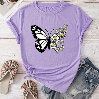 Women's Casual Butterfly & Daisy Floral Print Round Neck T-Shirt - Olive Green, Machine Washable, Regular Fit for Casual Attire, Allseason Fashion, Relaxed Style, Nontransparent Fabric