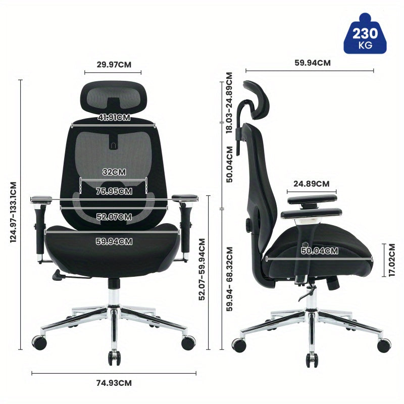 Heavy-Duty 230kg Capacity Ergonomic Office Chair with 4-in-1 Height Adjustment, 120° Tilt & Lumbar - Heavy Duty Desk Chair with 4D Armrests, 5-Wheel Base, Smooth-Rolling Casters, Headrest - Ideal for Tall Users & Long Hours