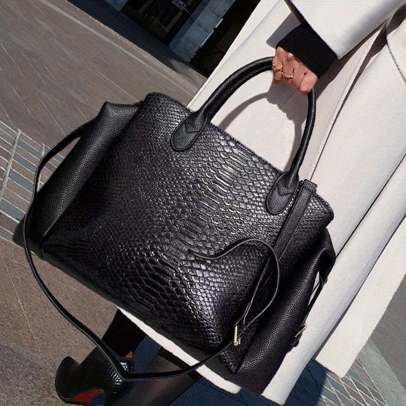 Elegante bolsa feminina com padrão cobra preta - Grande capacidade, alça de ombro removível, couro sintético vegan, perfeita para uso diário e trabalho, presente ideal para as festas de fim de ano, bolsa versátil | Estilo vanguardista | Couro sintético