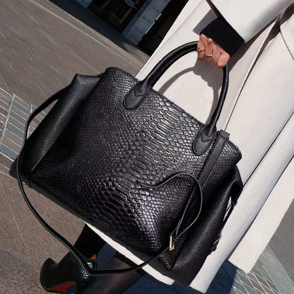 Elegante bolsa feminina com padrão cobra preta - Grande capacidade, alça de ombro removível, couro sintético vegan, perfeita para uso diário e trabalho, presente ideal para as festas de fim de ano, bolsa versátil | Estilo vanguardista | Couro sintético