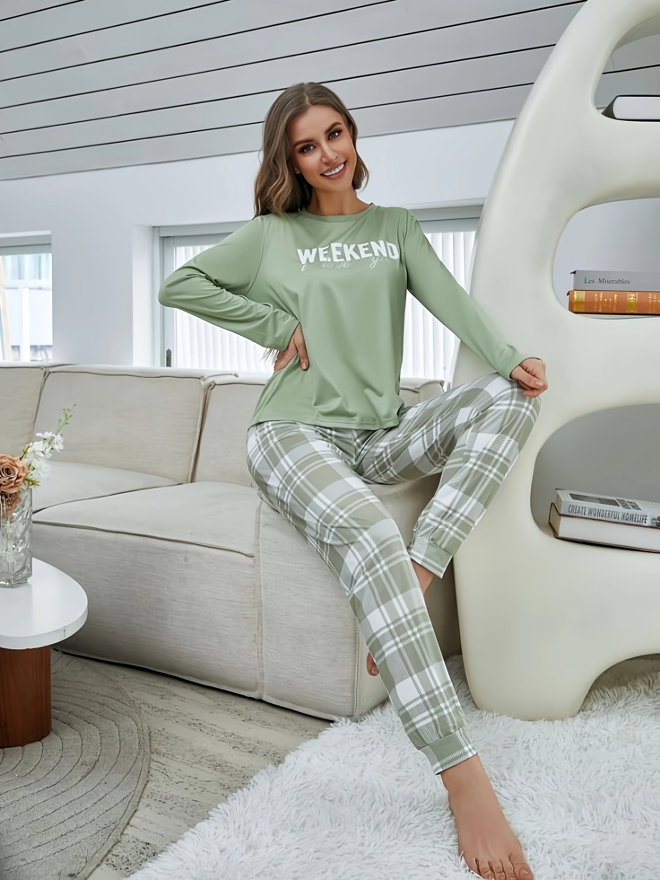 Women's round-neck printed long-sleeve top, plaid pants, pajamas, and loungewear