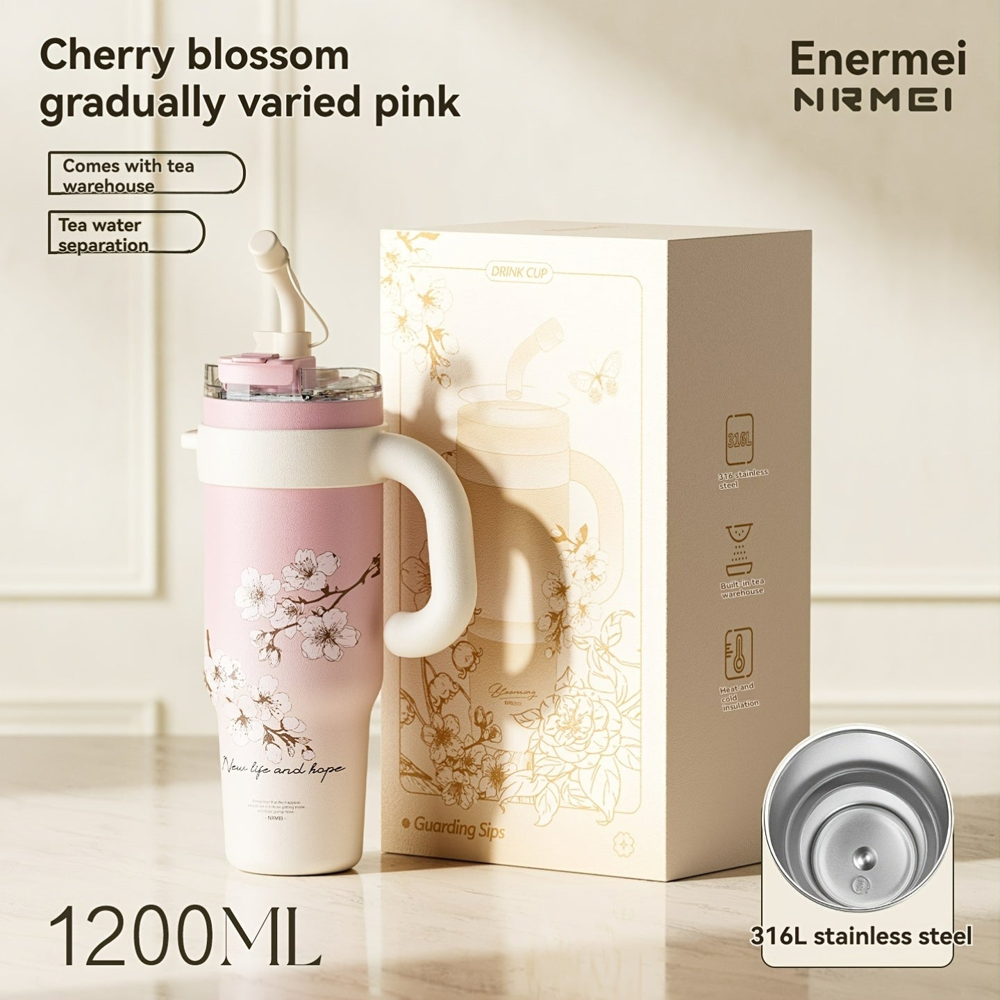 Garrafa de água NRMEI de aço inoxidável de 1,2 litros com pega - Boca dupla - À prova de fugas - Adequada para suportes de copos de automóvel