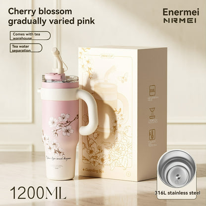 Garrafa de água NRMEI de aço inoxidável de 1,2 litros com pega - Boca dupla - À prova de fugas - Adequada para suportes de copos de automóvel