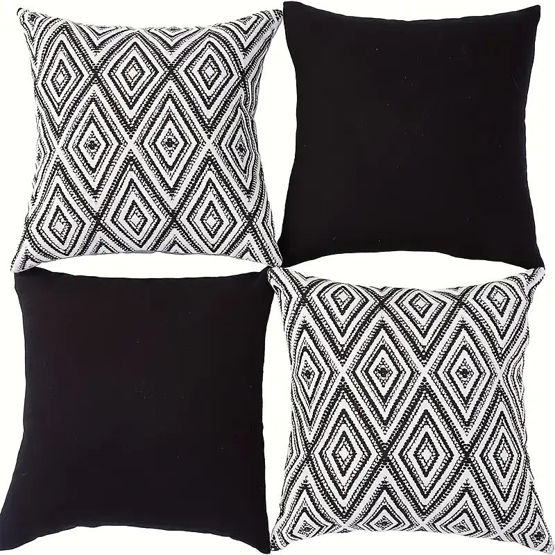4pcs Bohemian Geometric Print Square Throw Pillows - Black & White Modern Boho Decor with Zipper Closure, Machine Washable Cushions for Sofa, Bed, Living Room, Kitchen - 14x14, 16x16, 18x18, 50.8x50.8 cm - Single-Sided Decora