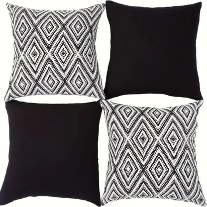 4pcs Bohemian Geometric Print Square Throw Pillows - Black & White Modern Boho Decor with Zipper Closure, Machine Washable Cushions for Sofa, Bed, Living Room, Kitchen - 14x14, 16x16, 18x18, 50.8x50.8 cm - Single-Sided Decora