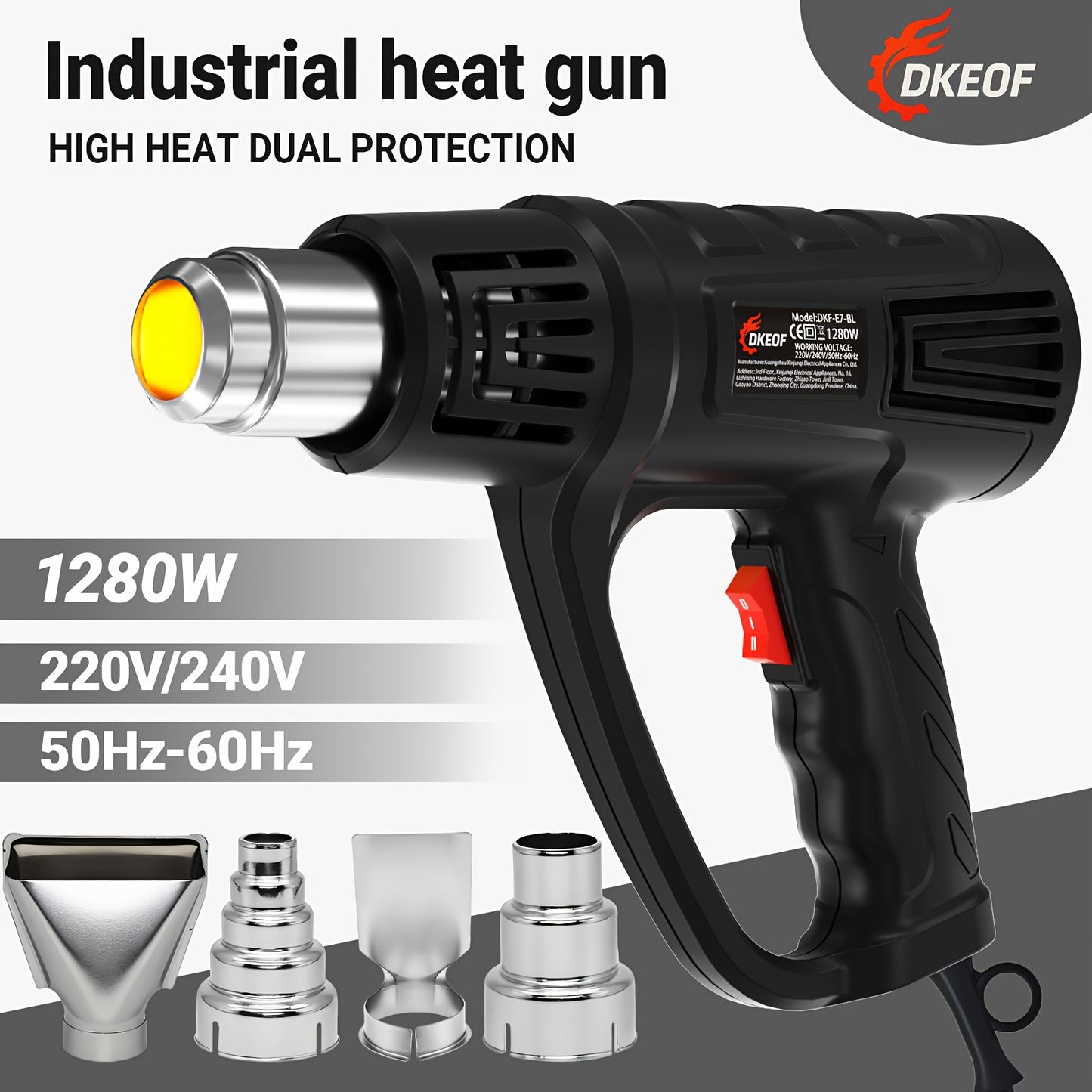DKEOF Turbo Heat Gun Pro - 1280W High-Power Industrial Heat Gun with 4-Nozzle Kit, 100-600°C Precision Temperature Control, Overheat Protection, Durable Construction, Ergonomic Design, Heavy-Duty Metal Construction for Weldi