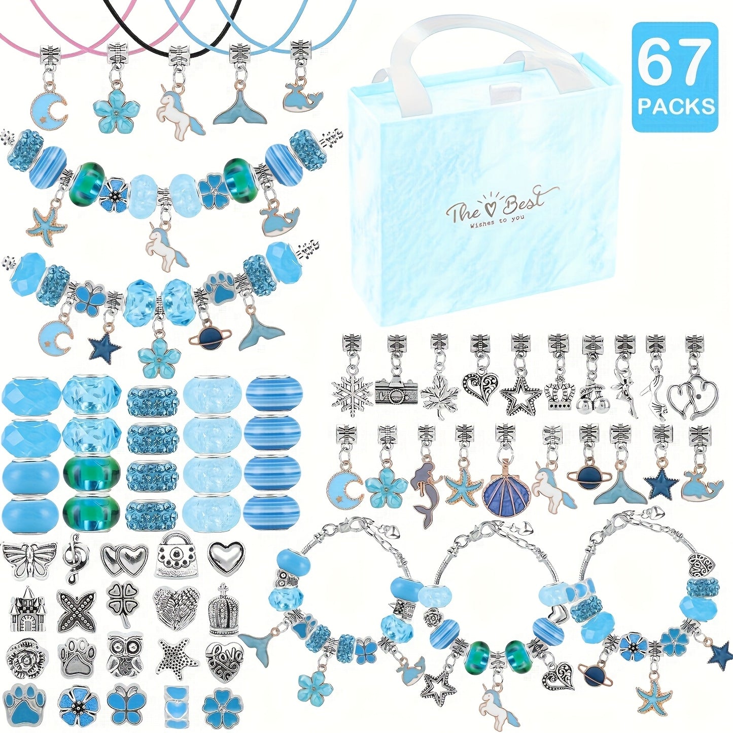 Kit de pulseiras DIY com 67 peças, incluindo 60 charms, 3 pulseiras e 3 colares. Ideal para presentes de aniversário, Natal, Ano Novo e Dia dos Namorados.