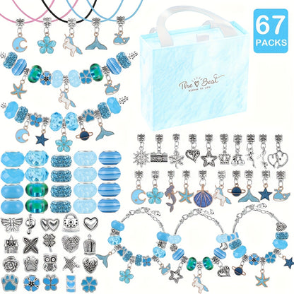 Kit de pulseiras DIY com 67 peças, incluindo 60 charms, 3 pulseiras e 3 colares. Ideal para presentes de aniversário, Natal, Ano Novo e Dia dos Namorados.