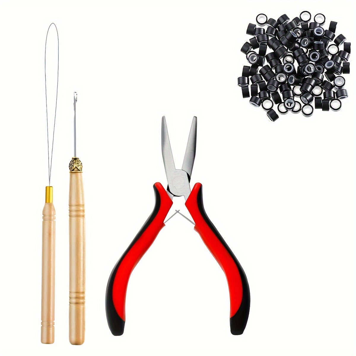 The cheapest hair extension kit on the whole network, equipped with 200 hair extension rings, 1 hair extension pliers, and 2 hair extension hooks