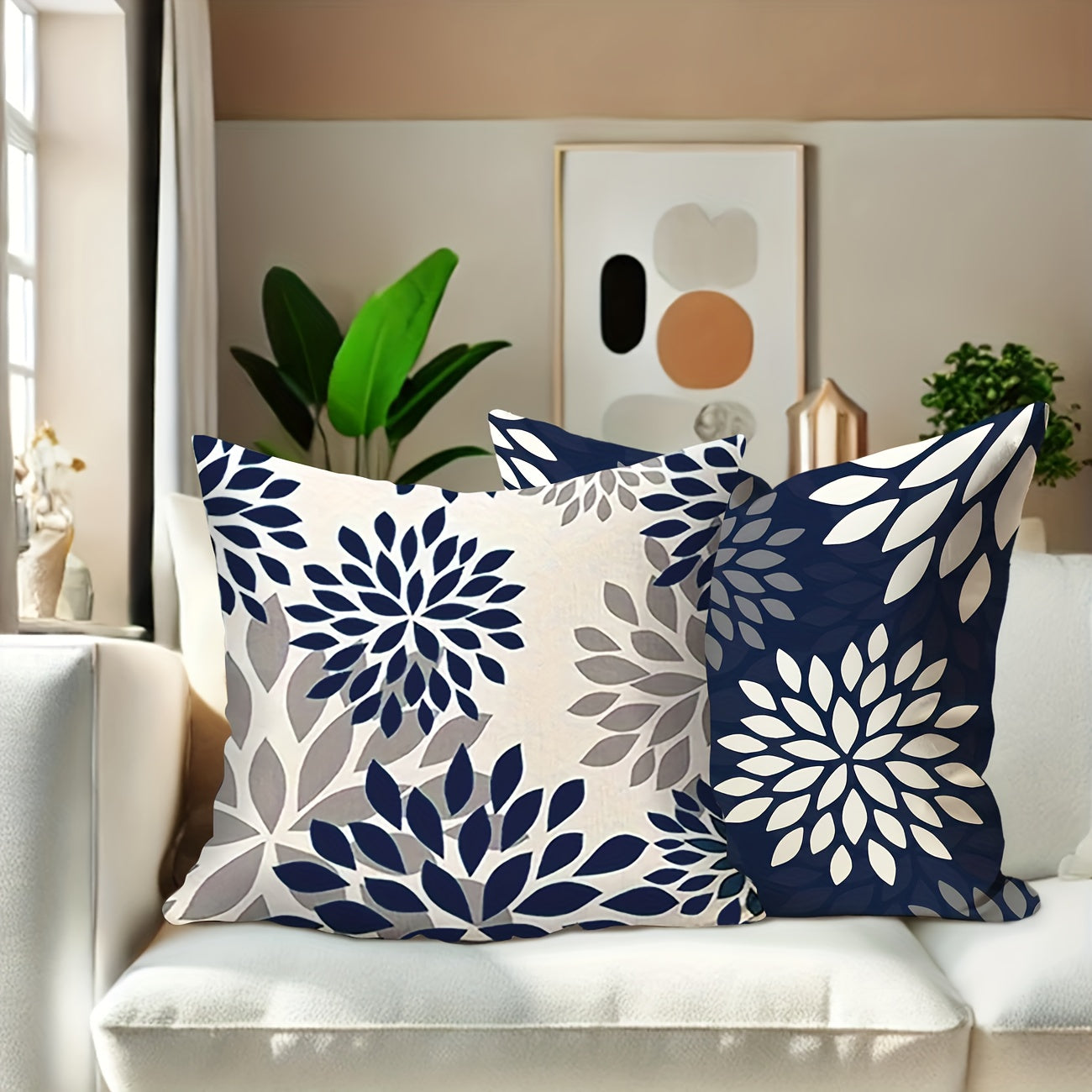 Conjunto de 4 capas de almofada modernas em veludo com estampado geométrico e floral - Azul e branco suave, fecho de correr, poliéster lavável à máquina, perfeitas para decoração de sala de estar e quarto - Inclui 2 almofadas grandes, 1 média e 1 pequena.