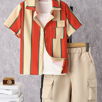 2pcs Boys Teen Casual Striped Short Sleeve Shirt & Pocket Side Shorts Set Clothes For Summer