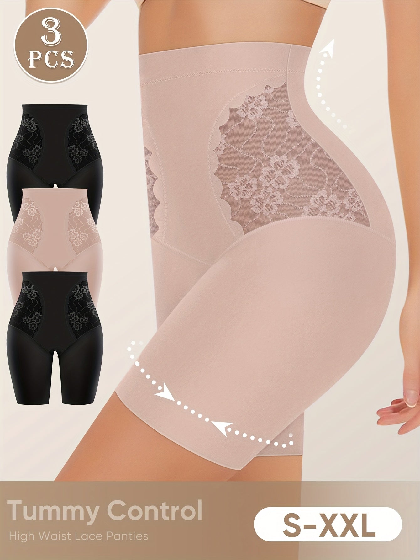 3pcs High-Waisted Tummy Control Women's Underwear, Boxer Briefs, Safety Pants with Mesh Breathable Lace Trim for Summer and Leg Shaping, Seamless Tummy Control Underwear, High Waist Panty, Panties for Women Plus Size, High Wa