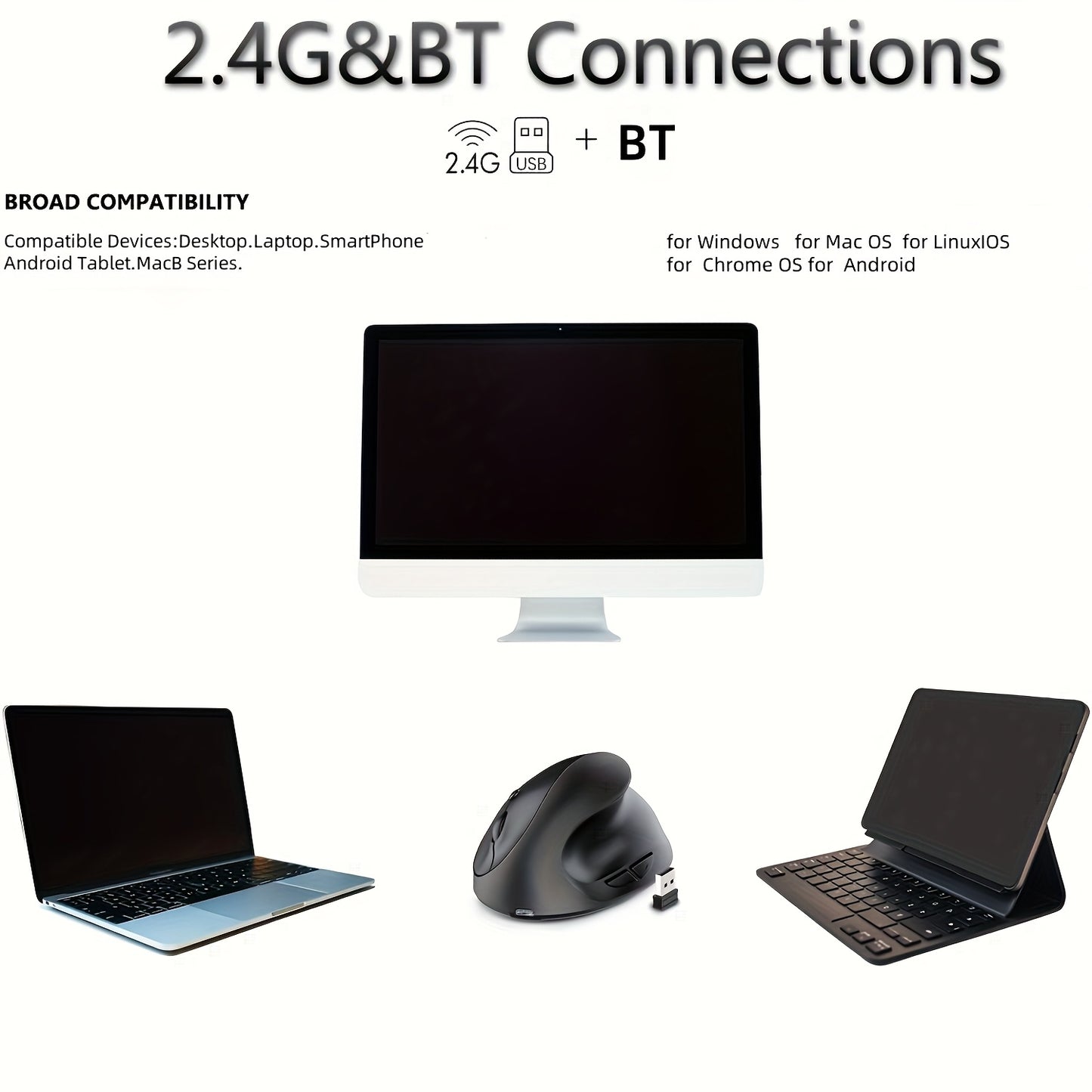 Rato Vertical Ergonómico Sem Fios Dual Mode BT &amp; 2.4GHz