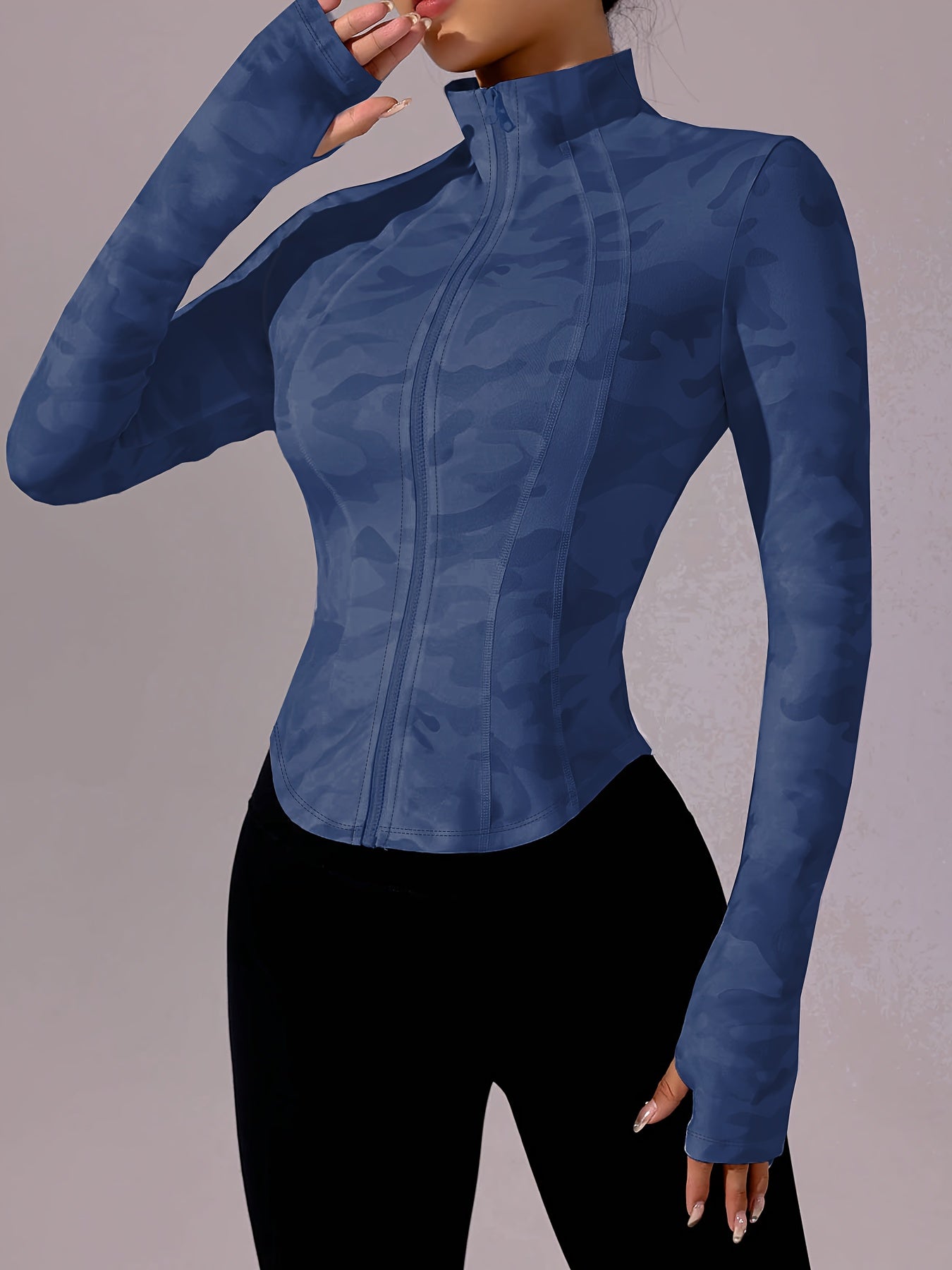 Zip-Up Stand Collar Sports Jacket, Half-Finger Long Sleeve Top with Camouflage Print, Suitable for Outdoor Fitness, Hiking, Golf, Tennis, Badminton, Bowling, Daily Walks and Shopping, Gym/Home Workout, Meditation, Versatile,