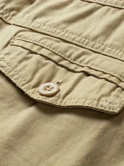 Two-Piece Set, Men's Solid Color Outdoor Casual Comfortable Breathable Multi-Pocket Cargo Shorts